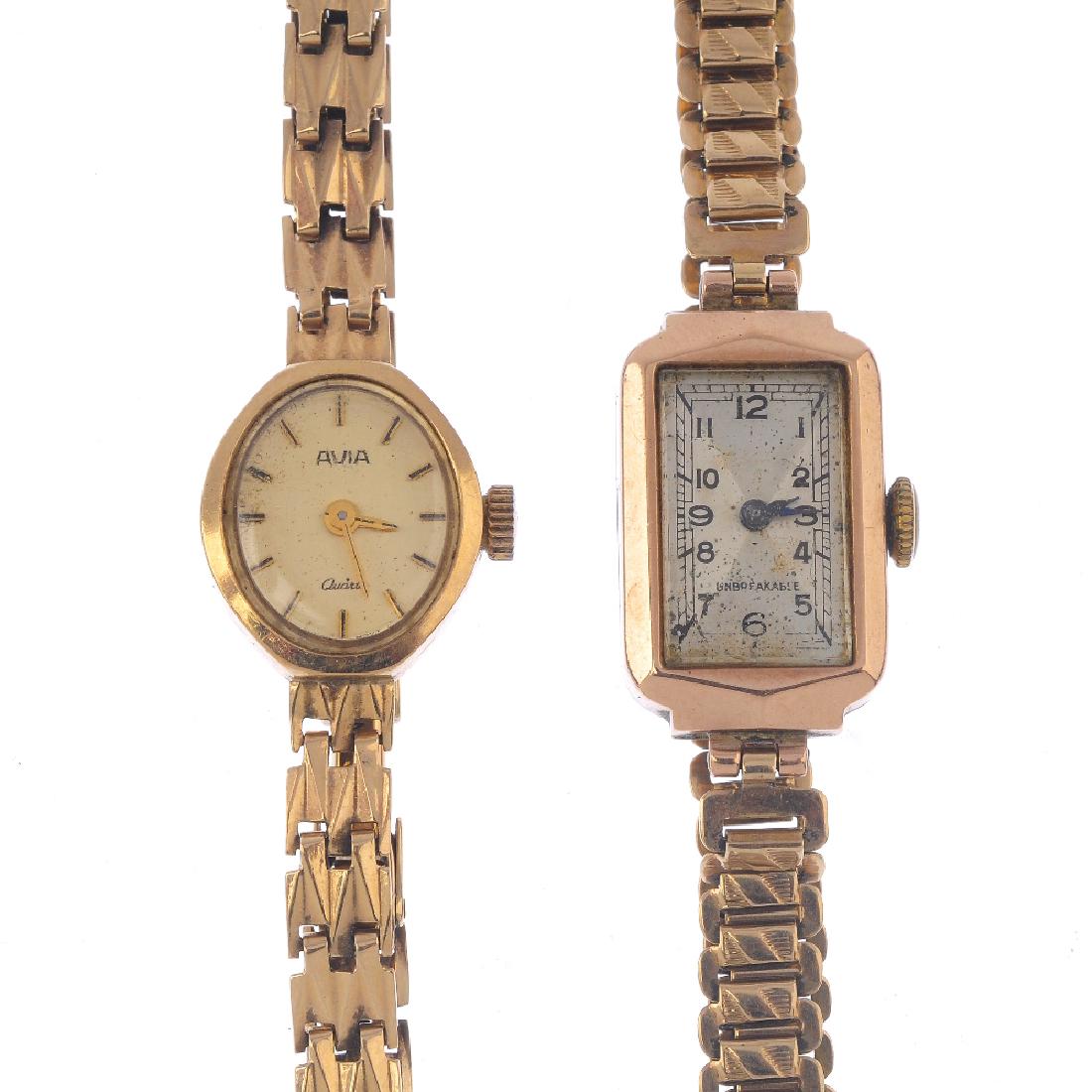 Two lady's wrist watches. The first designed as an: Two lady's wrist watches. The first designed as an oval-shape dial with baton markers and 9ct gold bracelet, the second designed as a rectangular-shape dial with textured link bracelets. One with hall