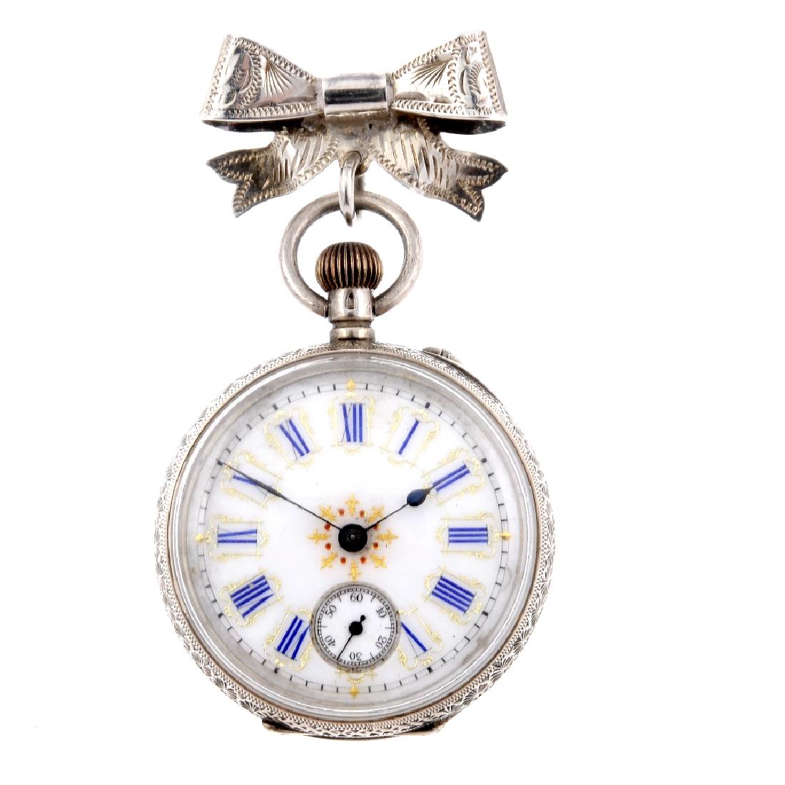 An open face pocket watch by H.Samuel. White metal: An open face pocket watch by H.Samuel. White metal case, stamped 0,935. Signed keyless wind half plate movement with club tooth lever escapement. White dial. 37mm. Together with a silver bow brooch.