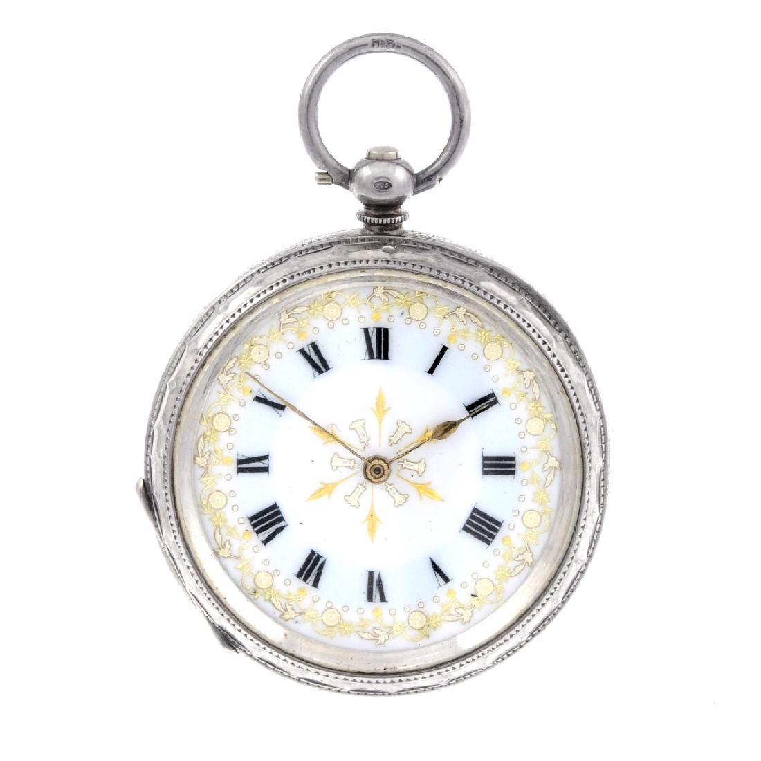 An open face pocket watch. Silver case, import hallmark: An open face pocket watch. Silver case, import hallmark London 1911. Unsigned key wind three quarter plate movement with club tooth lever escapement. White dial. 40mm. Recommended for spares or repair