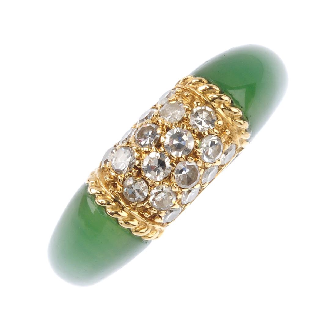 VAN CLEEF & ARPELS - an 18ct gold diamond and: VAN CLEEF & ARPELS - an 18ct gold diamond and chrysoprase ring. The pave-set diamond curved panel, with tapered chrysoprase cabochon sides and tapered band. Maker's mark for Van Cleef & Arpels. Estima