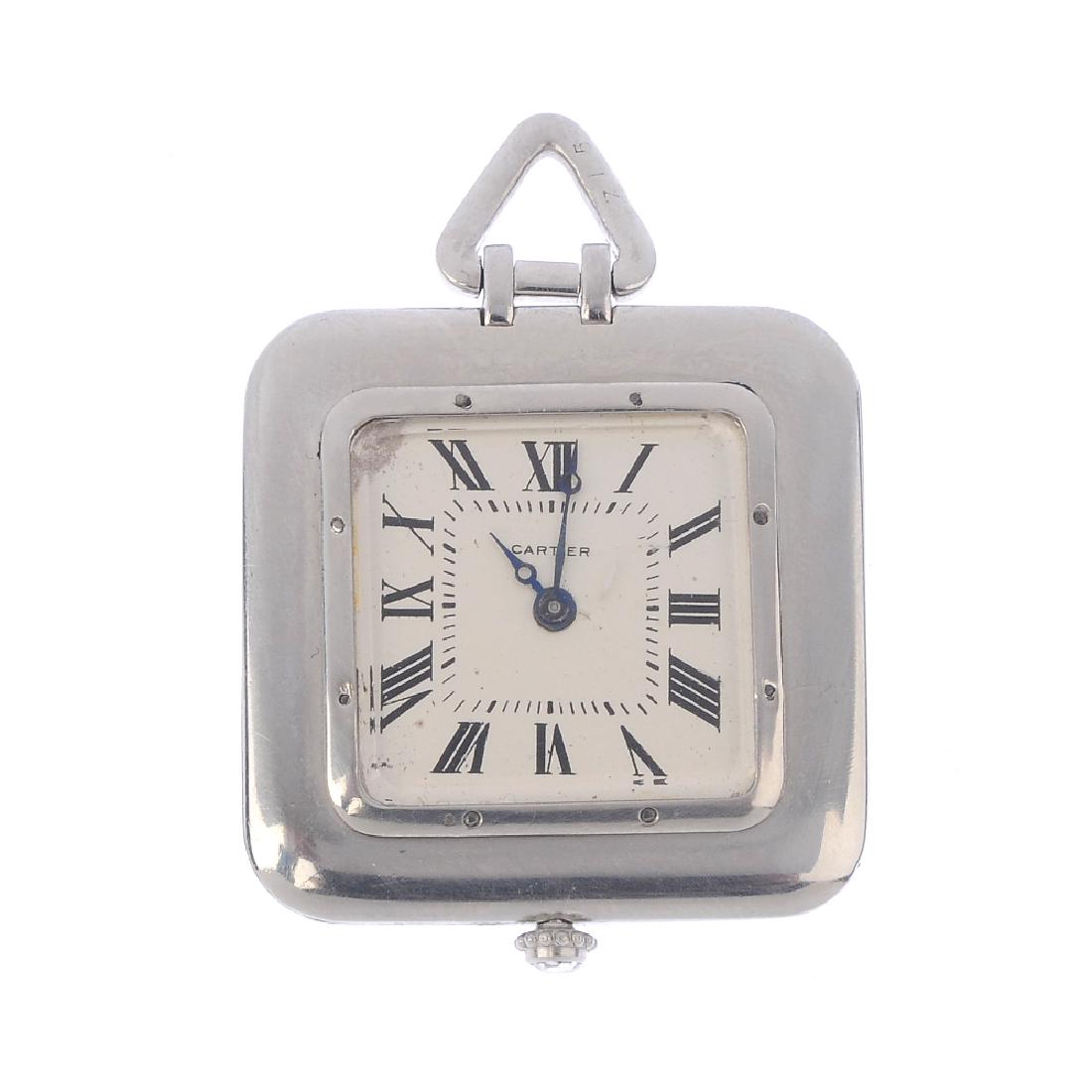 CARTIER - a diamond watch fob pendant. The square-shape: CARTIER - a diamond watch fob pendant. The square-shape dial, with rose-cut diamond geometric reverse and winder, suspended from a similarly-cut diamond triangular surmount. Dial signed Cartier. Frenc
