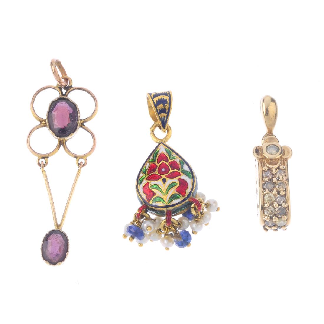Three diamond and gem-set pendants. To include a (1 of 2)