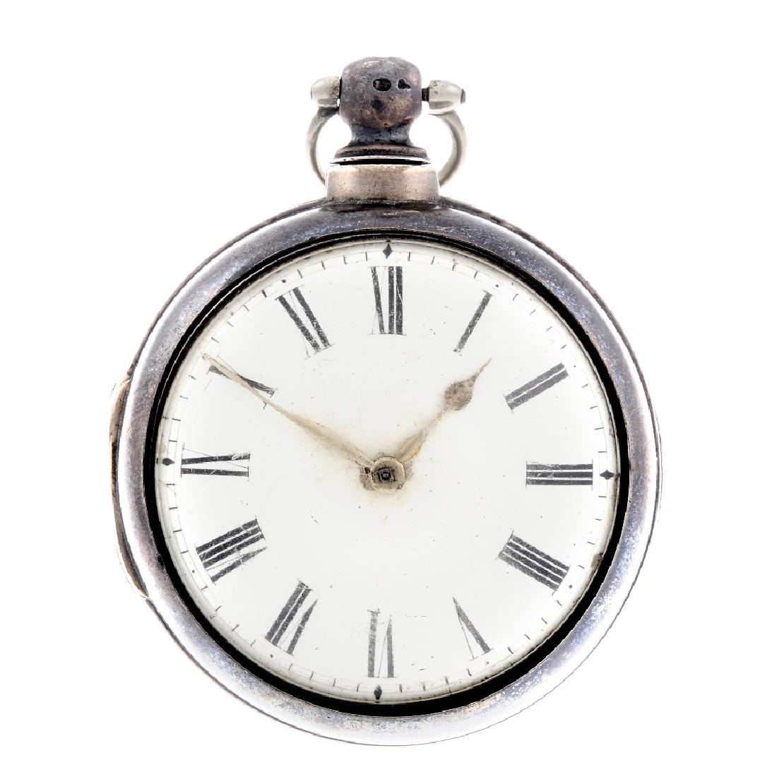 A pair case pocket watch. Silver cases, hallmarked: A pair case pocket watch. Silver cases, hallmarked Birmingham 1813. Unsigned key wind full plate fusee and chain movement with verge escapement. White enamel dial with Roman numeral hour markers. Oute