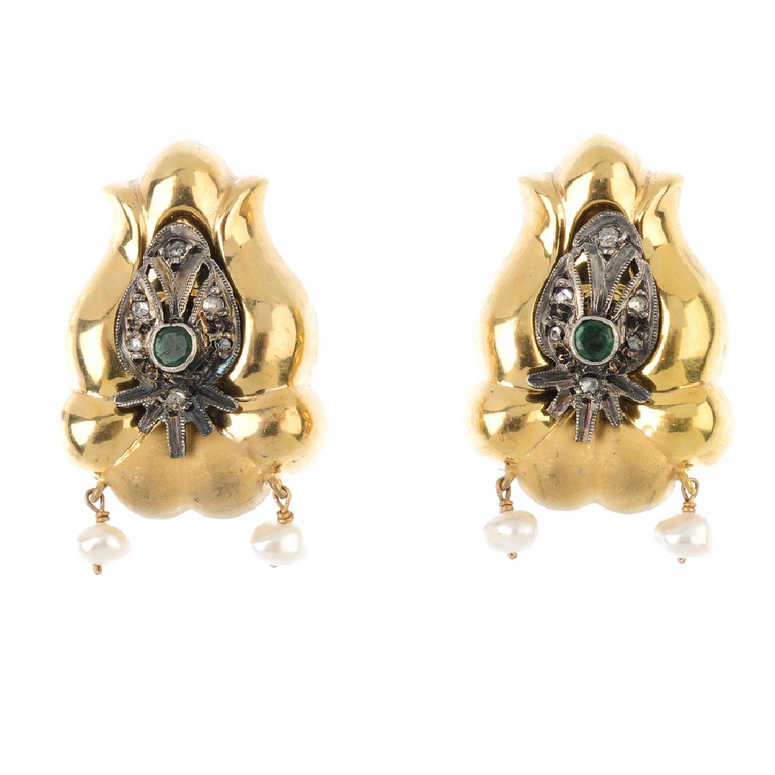 A pair of diamond, emerald and cultured pearl earrings. (1 of 2)