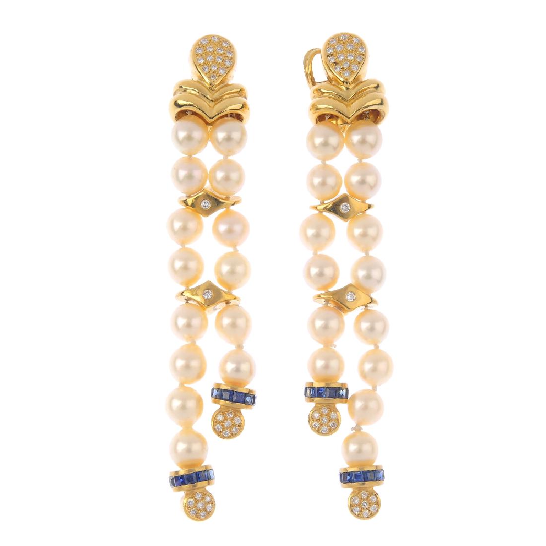 A pair of diamond, sapphire and cultured pearl (1 of 2)