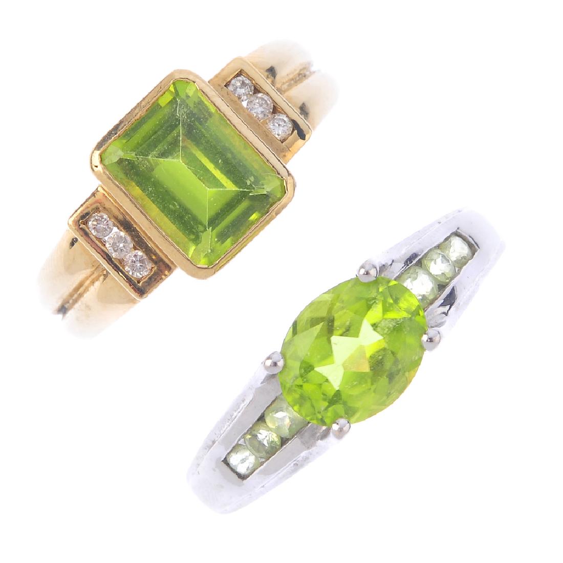 Two 9ct gold peridot and gem-set dress rings. To (1 of 3)