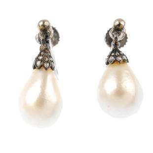 A pair of natural pearl and diamond earrings. Each: A pair of natural pearl and diamond earrings. Each designed as a late Victorian drop-shape pearl, with diamond point cap and later screw post fittings. With report 5777-9546, dated 11th April 2017, fr