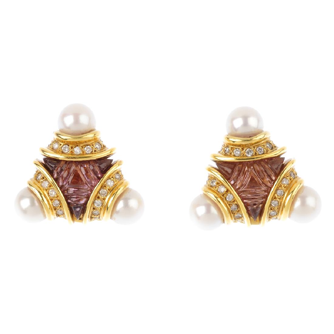 A pair of diamond, tourmaline and cultured pearl (1 of 2)