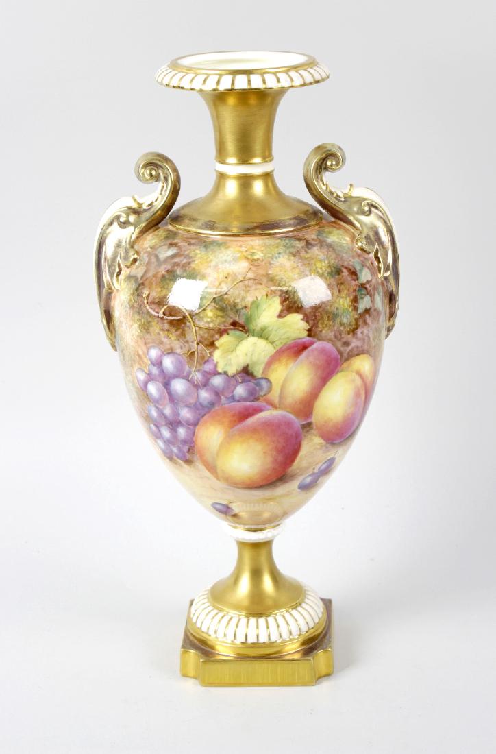 A fine Royal Worcester porcelain fruit-painted vase by: A fine Royal Worcester porcelain fruit-painted vase by Freeman. The ovoid body painted with peaches, red grapes, cherries and gooseberries, signed, beneath gilt waisted neck with gadrooned rim, the sh