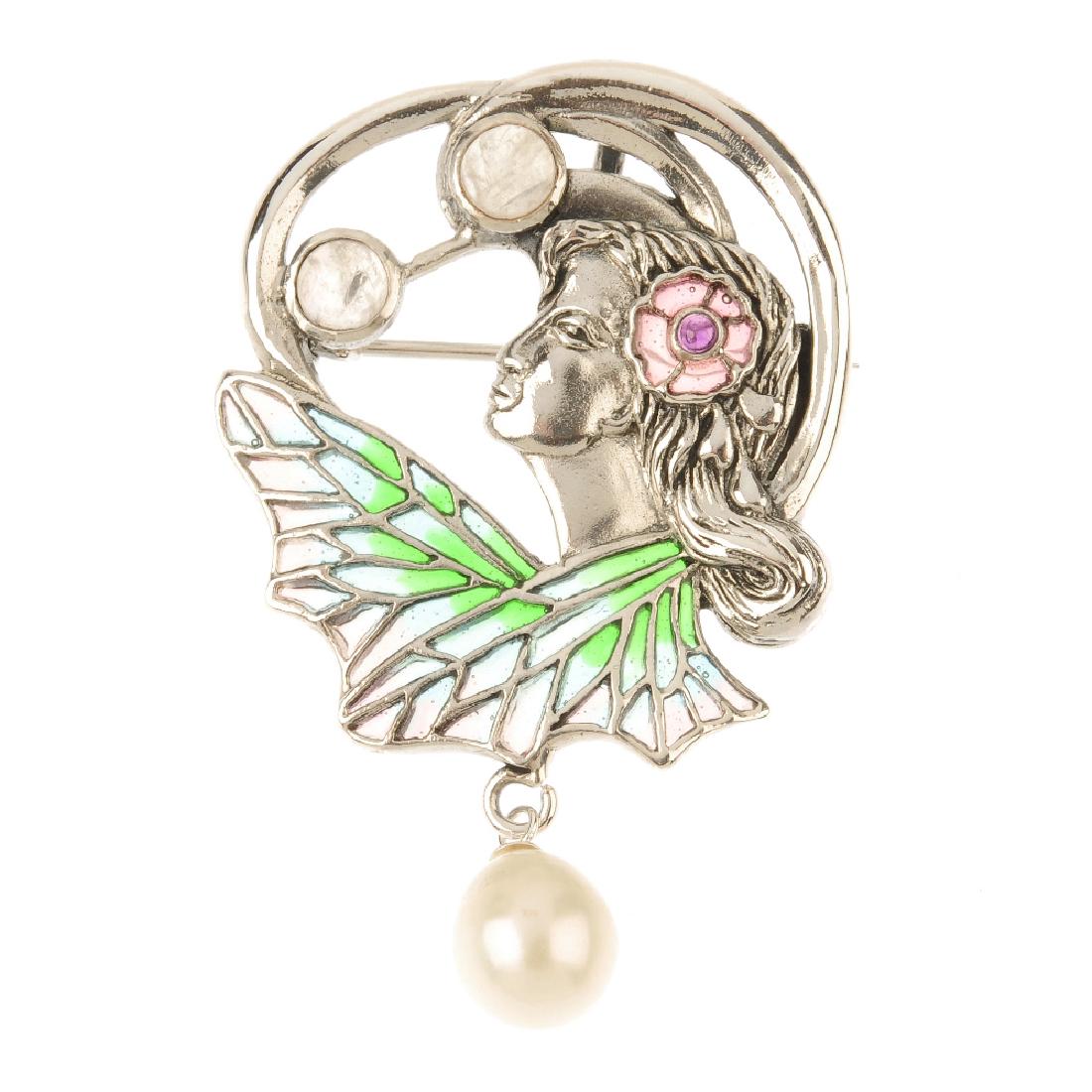 A gem-set and plique-a-jour enamel brooch. Designed as (1 of 2)