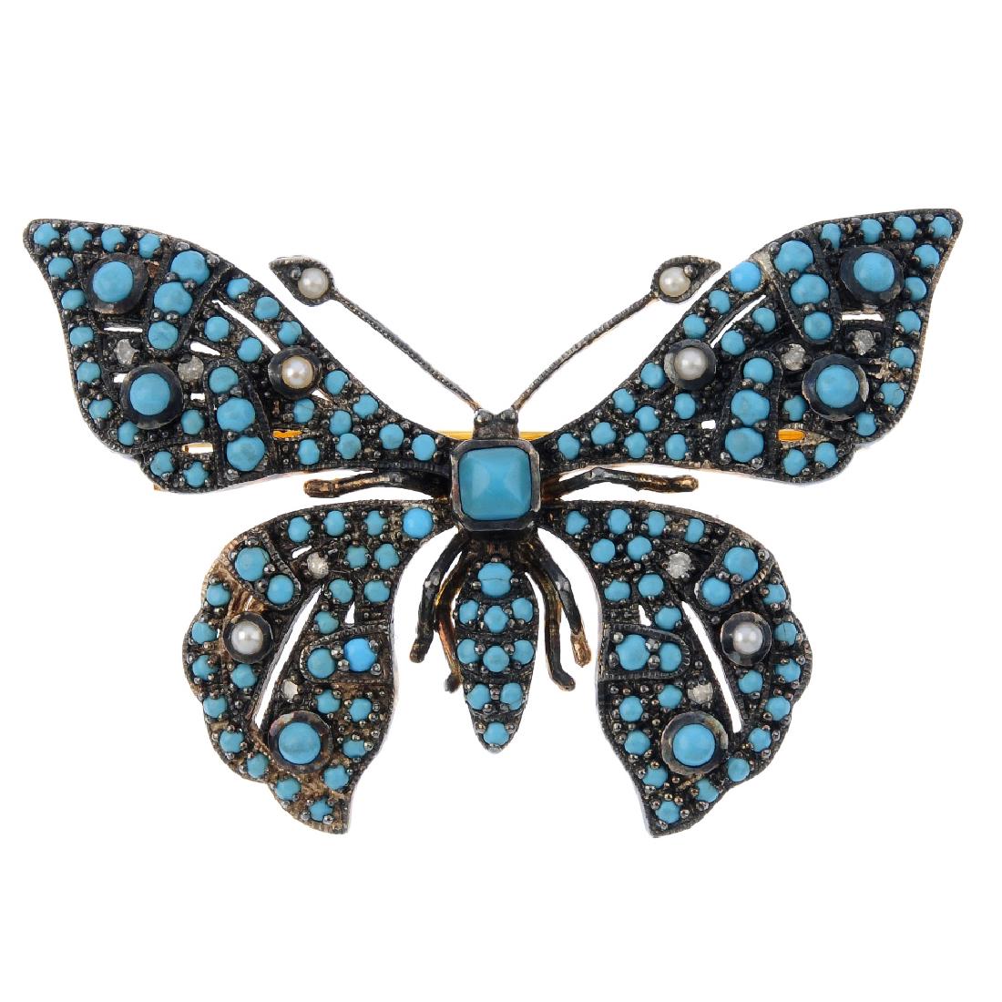 A turquoise and seed pearl butterfly brooch. The brooch (1 of 2)