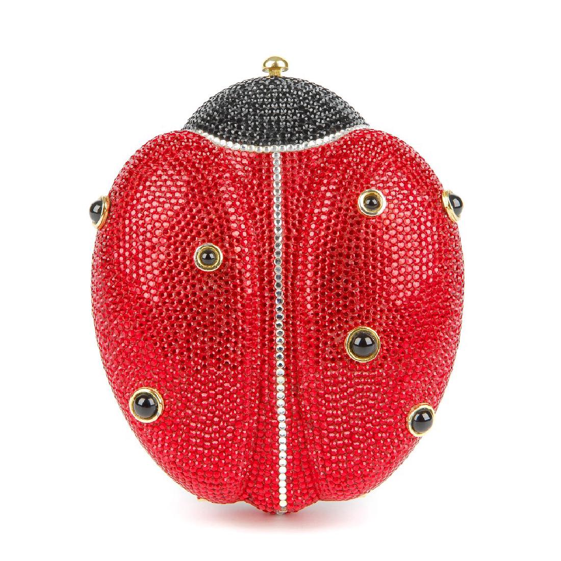 JUDITH LEIBER - a crystal Ladybug minaudière clutch.: JUDITH LEIBER - a crystal Ladybug minaudière clutch. Featuring a fully embellished exterior of red, black and iridescent Swarovski crystals over a gold-tone frame, with a gold leather base, push-butt