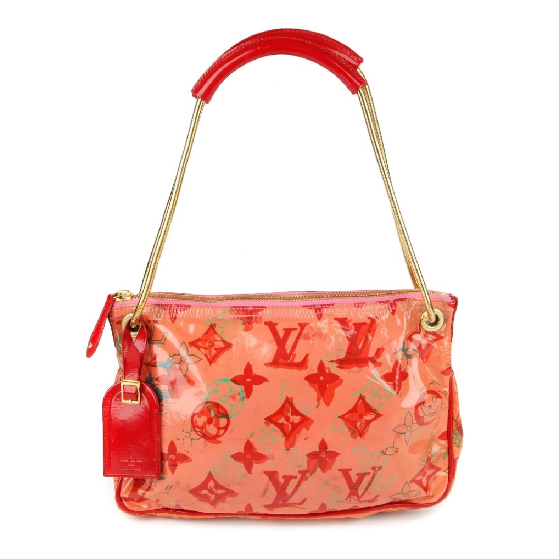 LOUIS VUITTON - a limited edition Richard Prince: LOUIS VUITTON - a limited edition Richard Prince Watercolour Bonbon runway handbag. Crafted from peach vinyl featuring red and turquoise watermarked monogram patterned exterior, with red patent trim, 