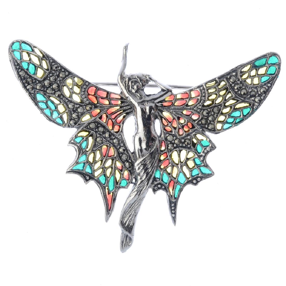 A plique-a-jour and marcasite brooch. Designed as a (1 of 1)