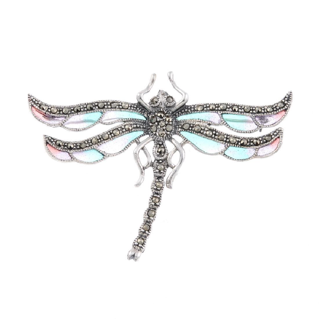 A plique-a-jour and marcasite dragonfly brooch. The (1 of 2)