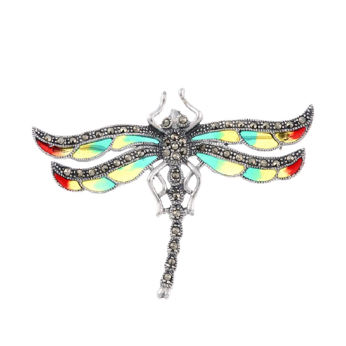 A plique-a-jour and marcasite dragonfly brooch. Set (1 of 2)