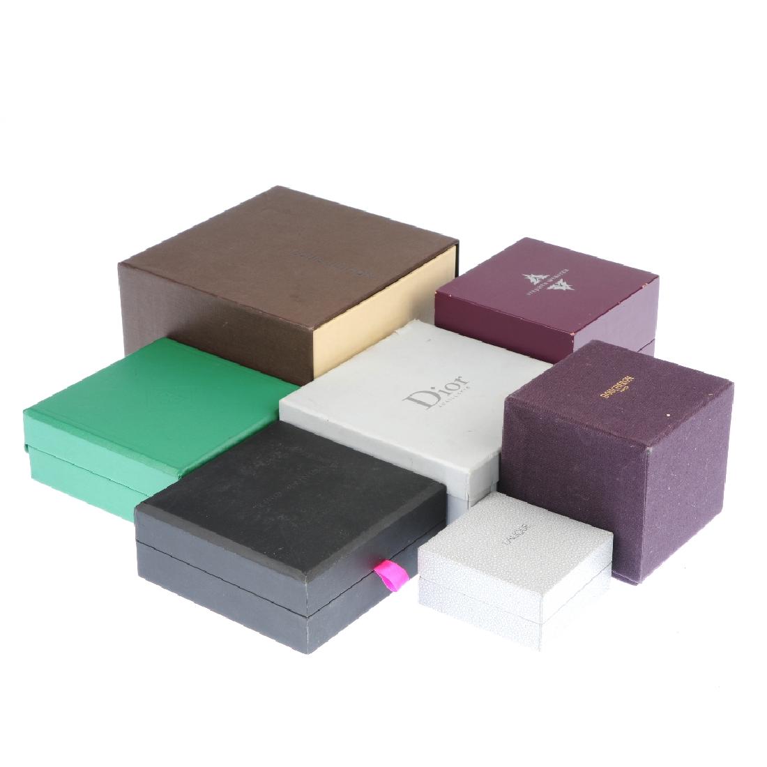 Seven designer jewellery cases. To include a Boodle &: Seven designer jewellery cases. To include a Boodle & Dunthorne box, Stephen Webster ring case, Theo Fennell pendant case with four other cases.