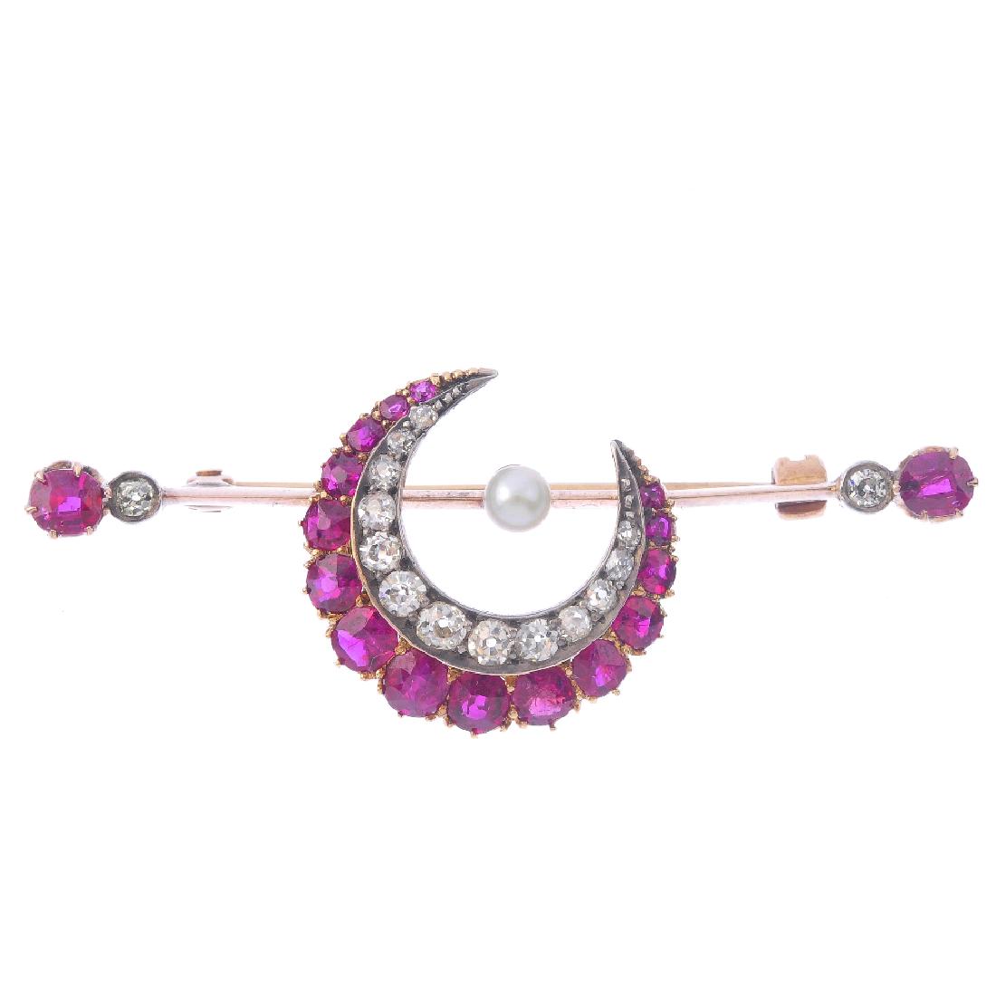 An early 20th century ruby, diamond and pearl bar (1 of 2)