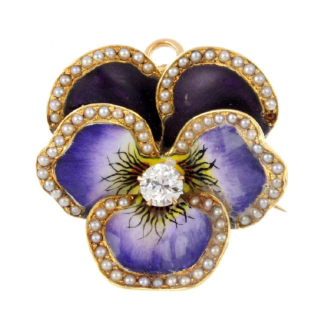 An Edwardian gold, diamond split pearl and enamel pansy (1 of 2)