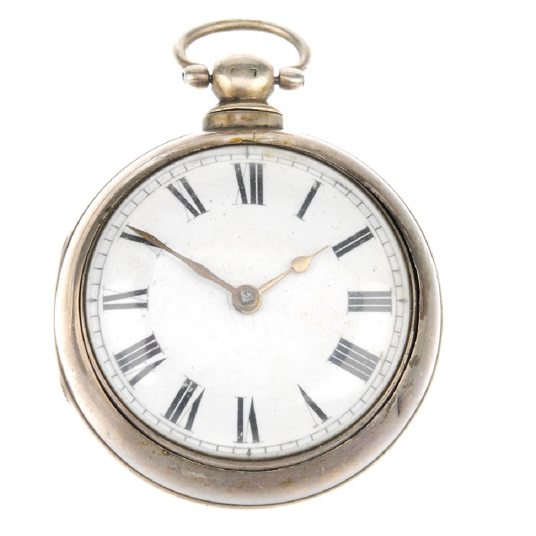 A pair case pocket watch. Silver cases, hallmarked: A pair case pocket watch. Silver cases, hallmarked Birmingham 1862. Unsigned key wind full plate fusee and chain movement with verge escapement. White enamel dial. 52mm.