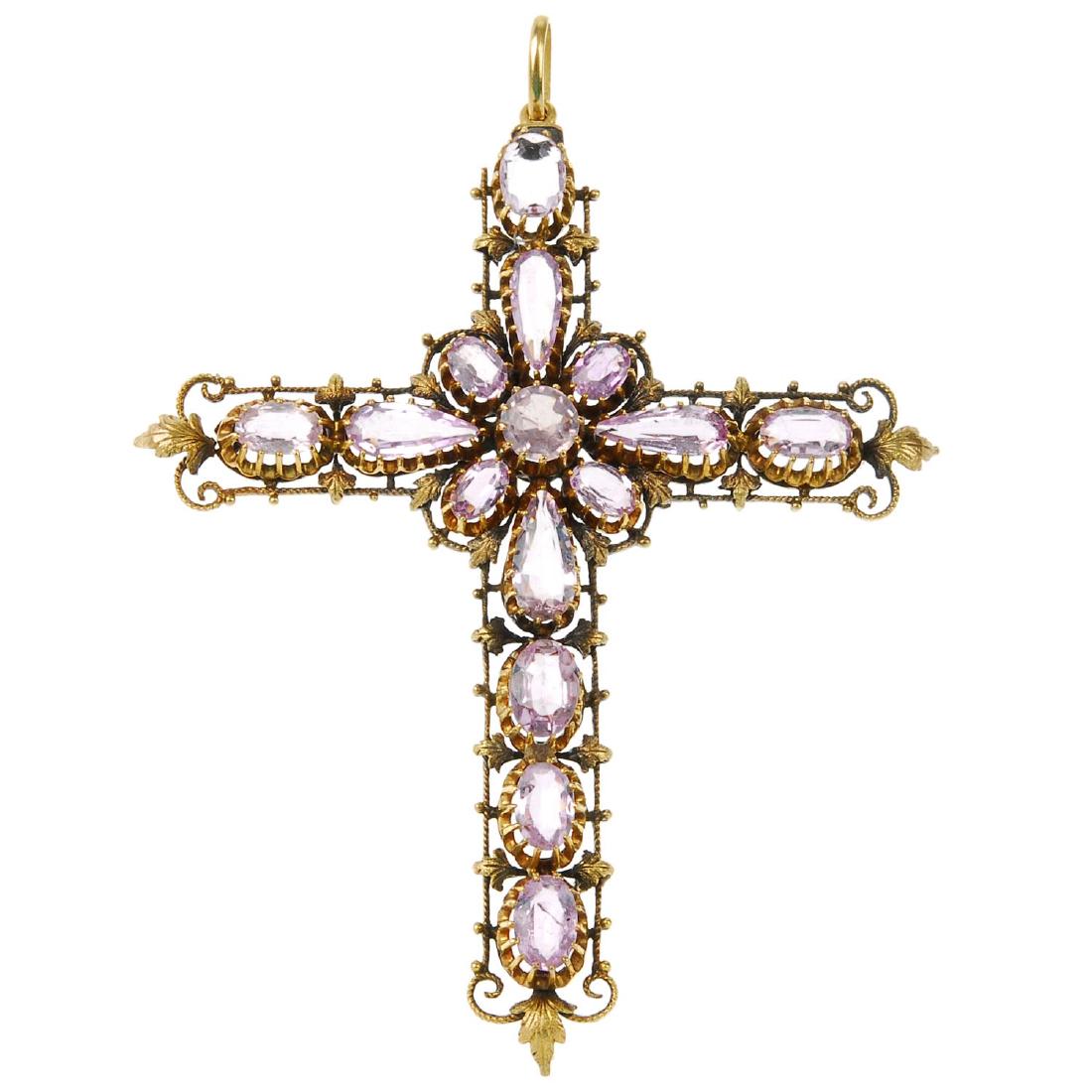 A late 19th century pink topaz cross pendant. Designed (1 of 2)