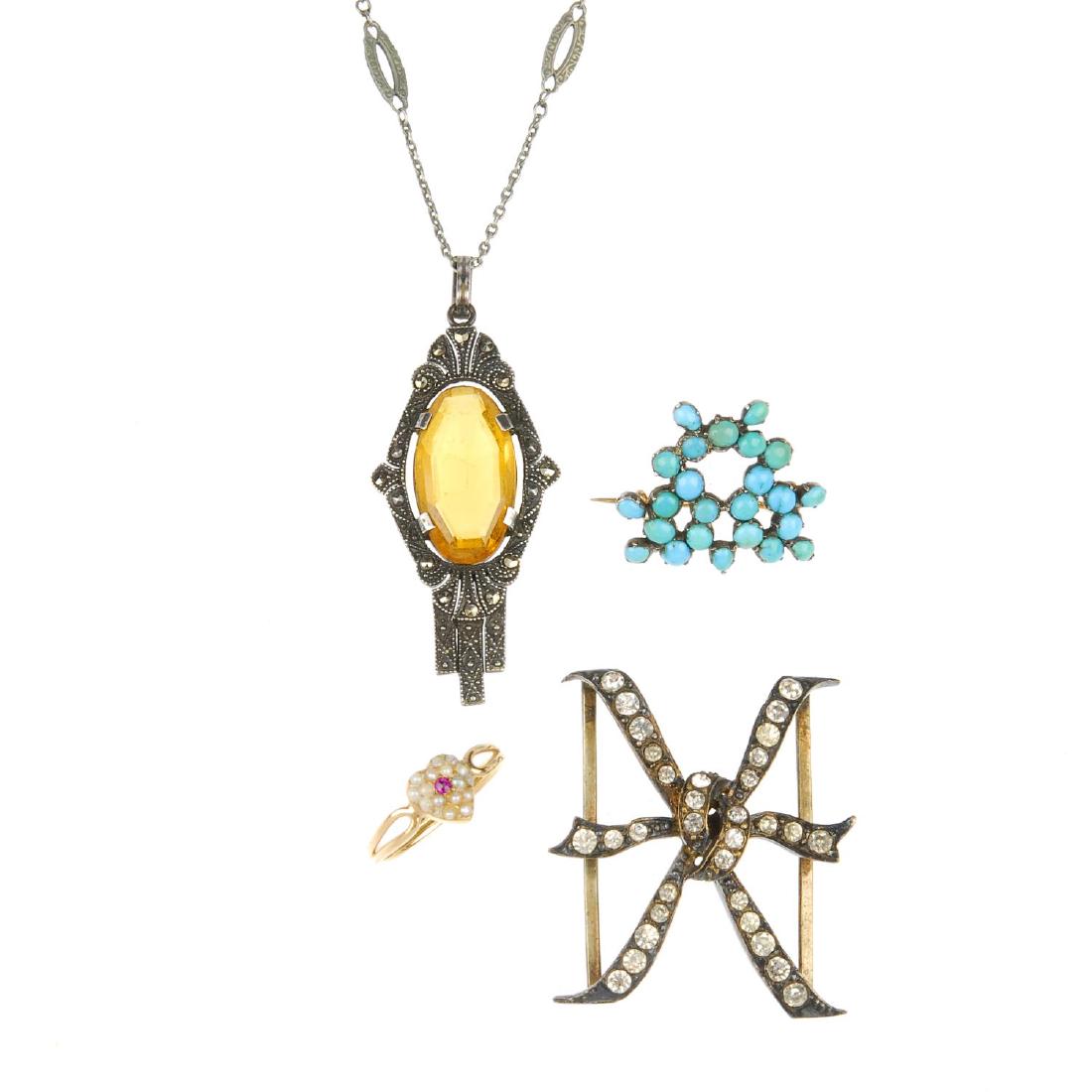 A selection of mainly paste and marcasite jewellery. To: A selection of mainly paste and marcasite jewellery. To include a yellow oval paste necklace with marcasite surround, to a belcher-link chain with marquise-shape stations, together with a necklace of