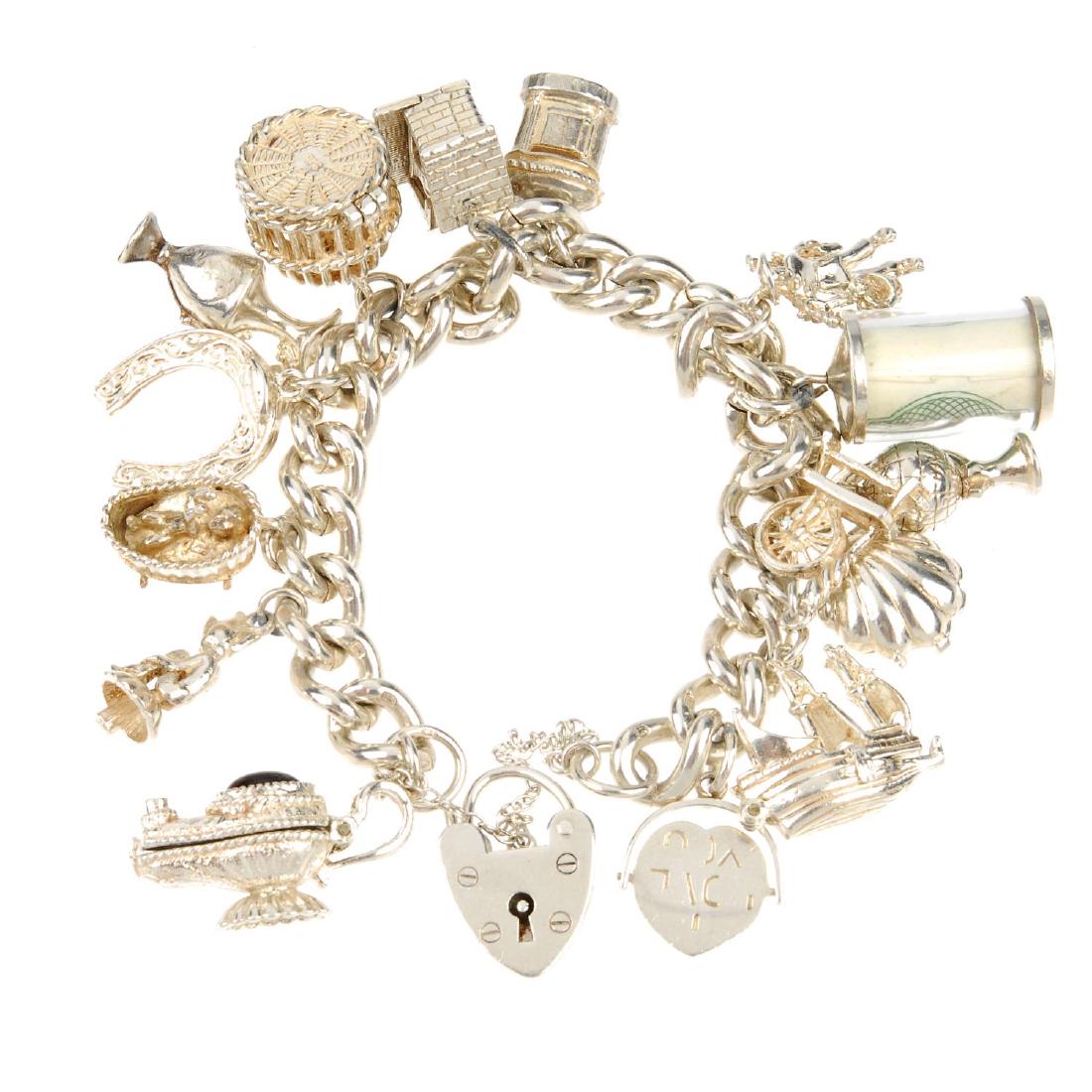 Three charm bracelets. Two with curb-link bracelets,: Three charm bracelets. Two with curb-link bracelets, one with a belcher-link bracelet, suspending a total of thirty-seven charms, to include a lighthouse and a globe. Lengths 17 to 20cms. Weight 200gm