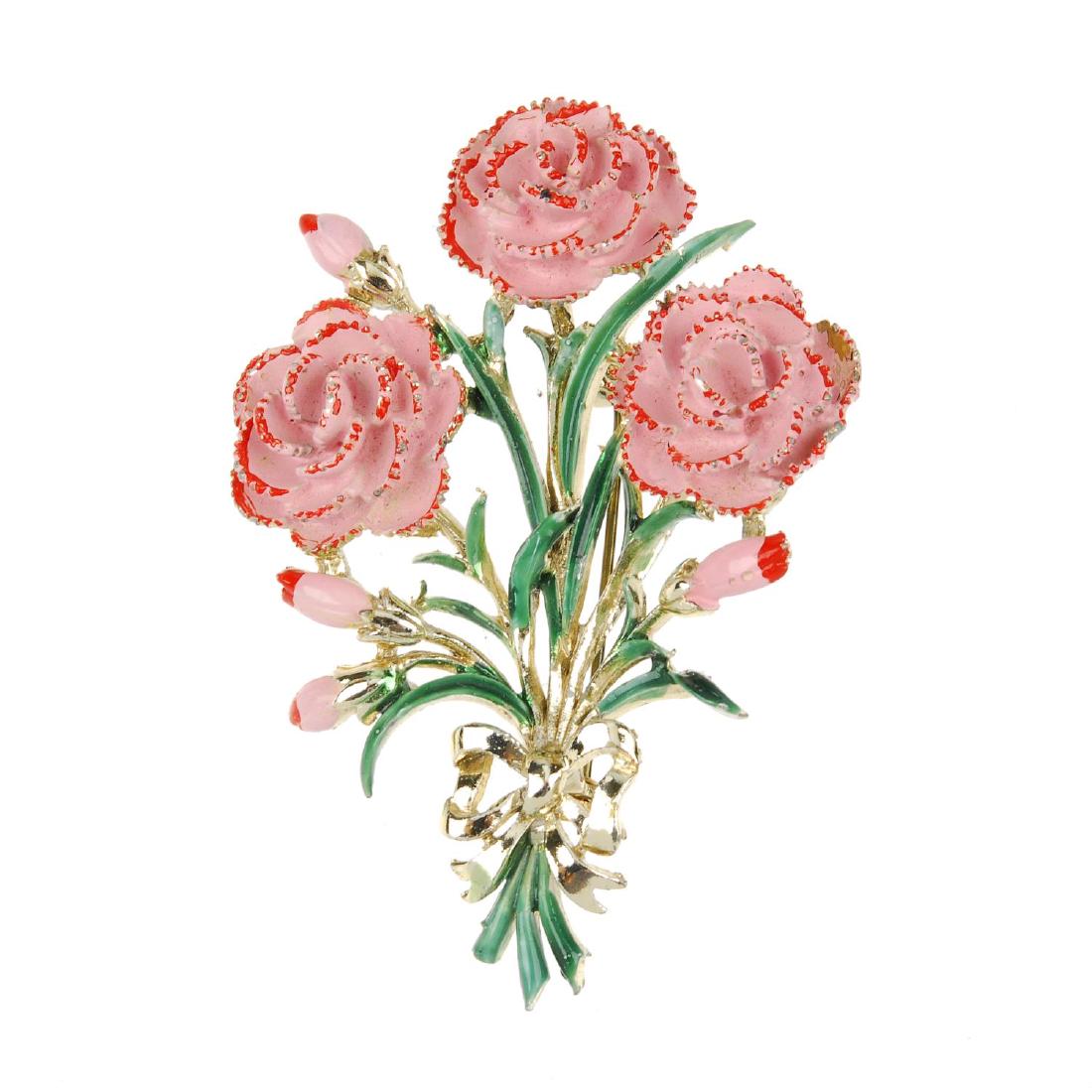 A quantity of designer costume jewellery. To include a: A quantity of designer costume jewellery. To include a gold-tone enamel bangle by DKNY, a brooch by Hollywood of floral design with a yellow cabochon paste to the centre and an expandable bracelet by