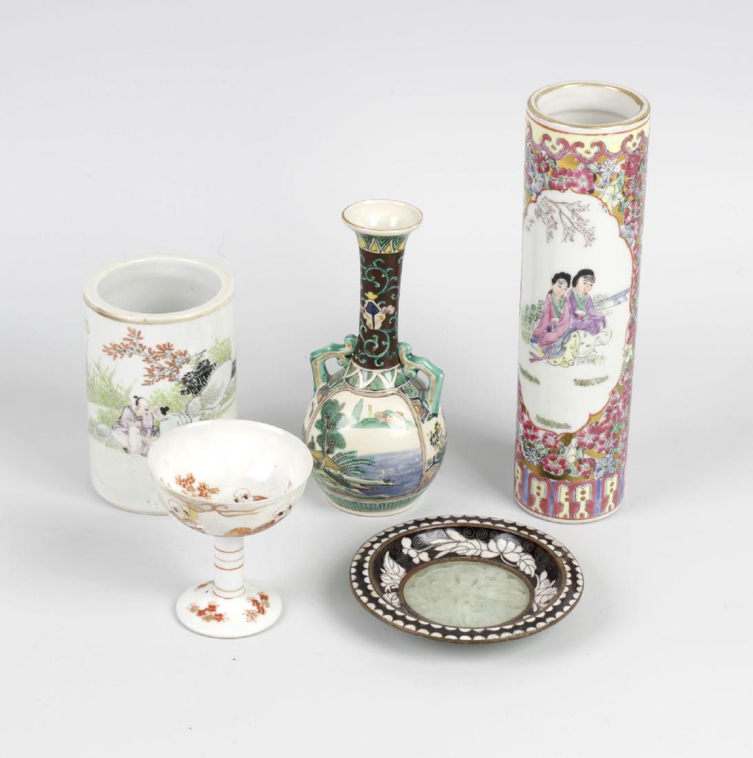 A group of assorted Oriental ceramics and works of art.: A group of assorted Oriental ceramics and works of art. To include: a Chinese cylindrical brush pot, a Japanese pedestal cup, two ginger jars, a large pair of cloisonne vases, another smaller pair, an