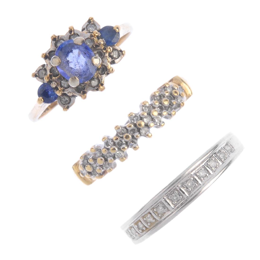 Three 9ct gold diamond and gem-set rings. To include a (1 of 3)