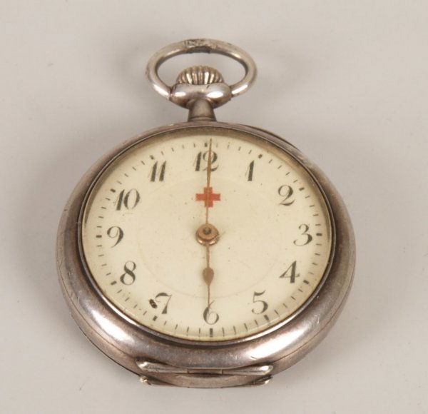 ROLEX - Twentieth century silver top wind red cr: ROLEX - Twentieth century silver top wind red cross fob watch the circular case with white dial and black Arabic numerals, the inner case signed Rolex 676185, the movement is unsigned, case diameter 2