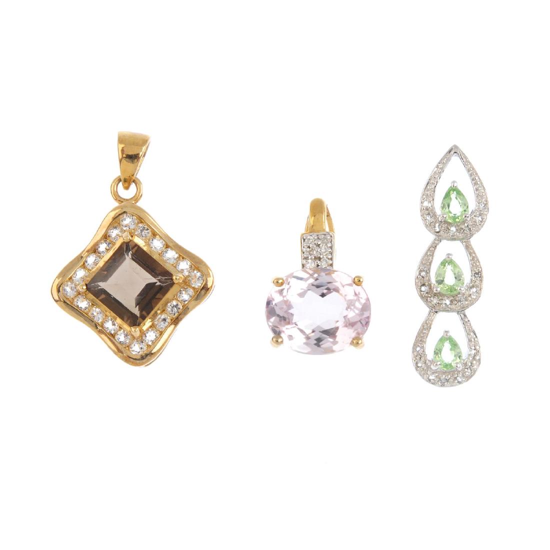 Three 9ct gold gem-set pendants. To include a kunzite (1 of 2)