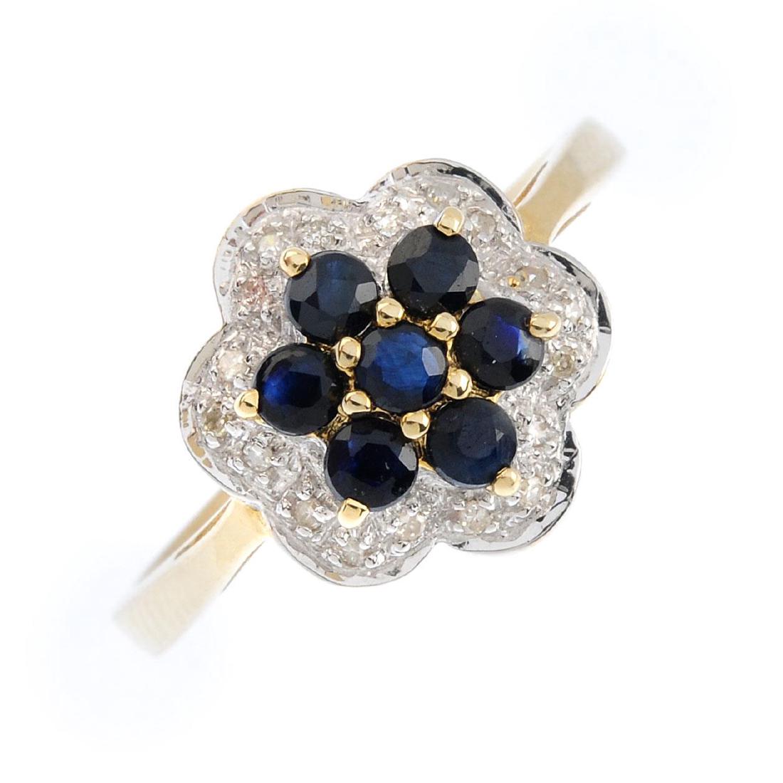 A 9ct gold sapphire and diamond cluster ring. The (1 of 3)