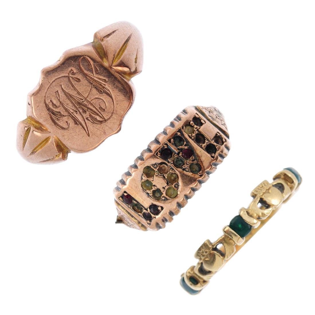 Three gold rings. To include a late Victorian 9ct gold (1 of 3)