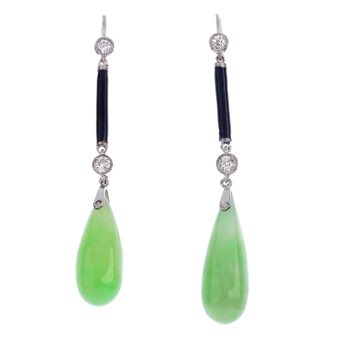 A pair of jade, diamond and enamel earrings. Each (1 of 2)