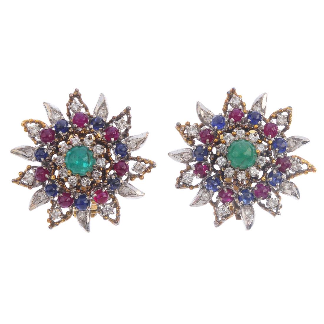 A pair of mid 20th century emerald, ruby, sapphire and (1 of 2)