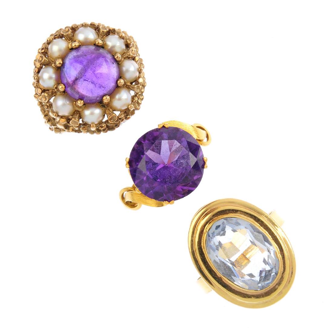 Three gem-set dress rings. To include a 1970s 9ct gold (1 of 3)