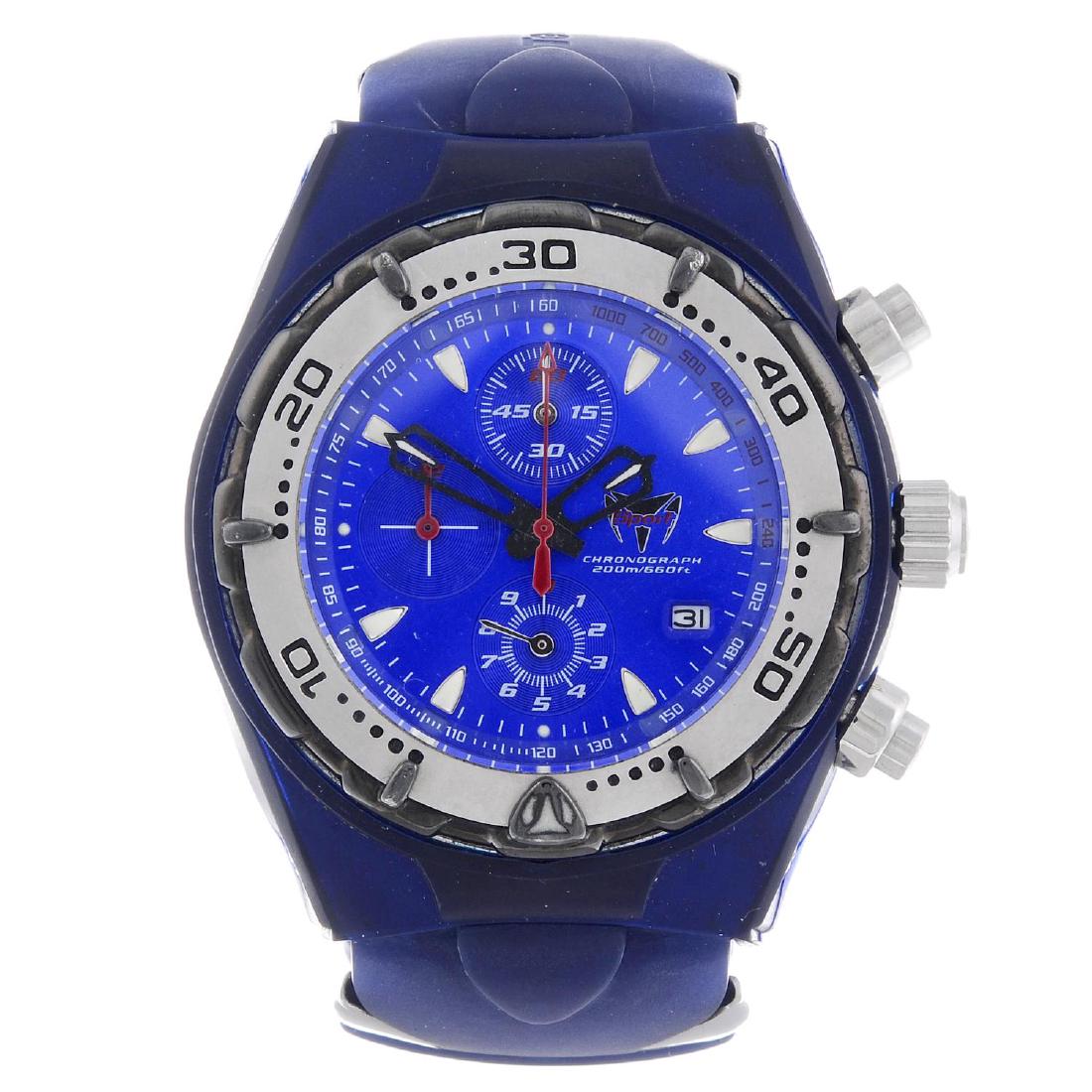 TECHNOMARINE - a gentleman's T-Sport chronograph wrist: TECHNOMARINE - a gentleman's T-Sport chronograph wrist watch. Rubber case with stainless steel case back and calibrated bezel. Numbered 26389. Unsigned quartz movement. Blue dial. Fitted to a signed b