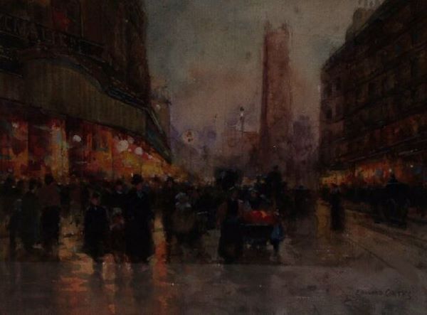EDOUARD CORTES (French, 1882 - 1969) A busy Paris: EDOUARD CORTES (French, 1882 - 1969) A busy Paris street scene at dusk. Watercolour, signed lower right. 9.75" x 7.5" (25cm x 18.5cm).