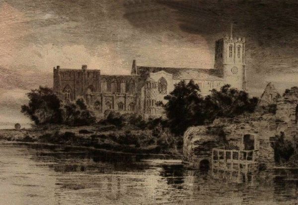 ROBERT GALLON (British, 1845 - 1925) River landsc: ROBERT GALLON (British, 1845 - 1925) River landscape with church. Drypoint etching, signed in pencil lower left, no. 5/150. 15.25" x 9.25" (39cm x 23.5cm).