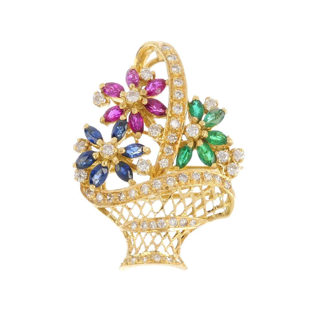 An 18ct gold diamond and gem-set brooch. Designed as a (1 of 2)
