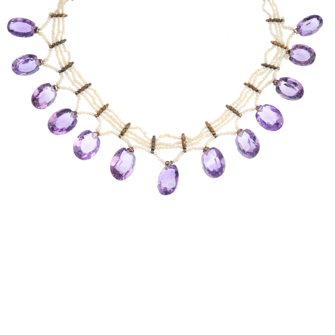 An amethyst and seed pearl necklace. Designed as three (1 of 3)