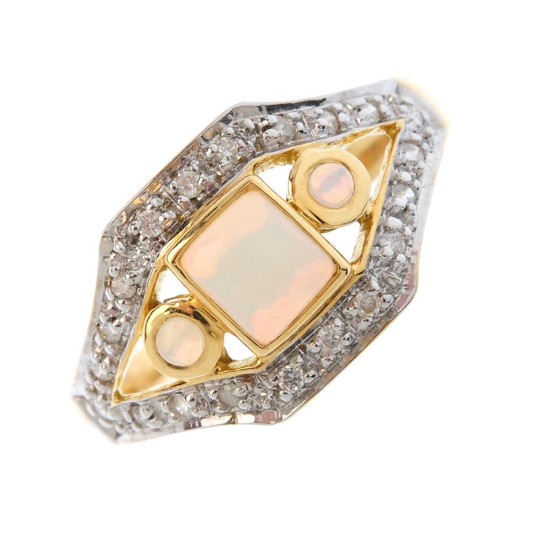 An opal and diamond dress ring. Of openwork design, the (1 of 3)