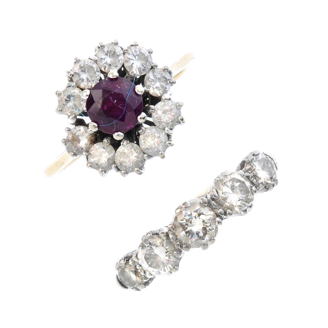 (18509) An assortment of jewellery. To include a: (18509) An assortment of jewellery. To include a bracelet by Chimento, an 18ct gold five-stone diamond ring, a single-stone diamond ring with smaller diamonds to the shoulders, a ruby ring with diamon