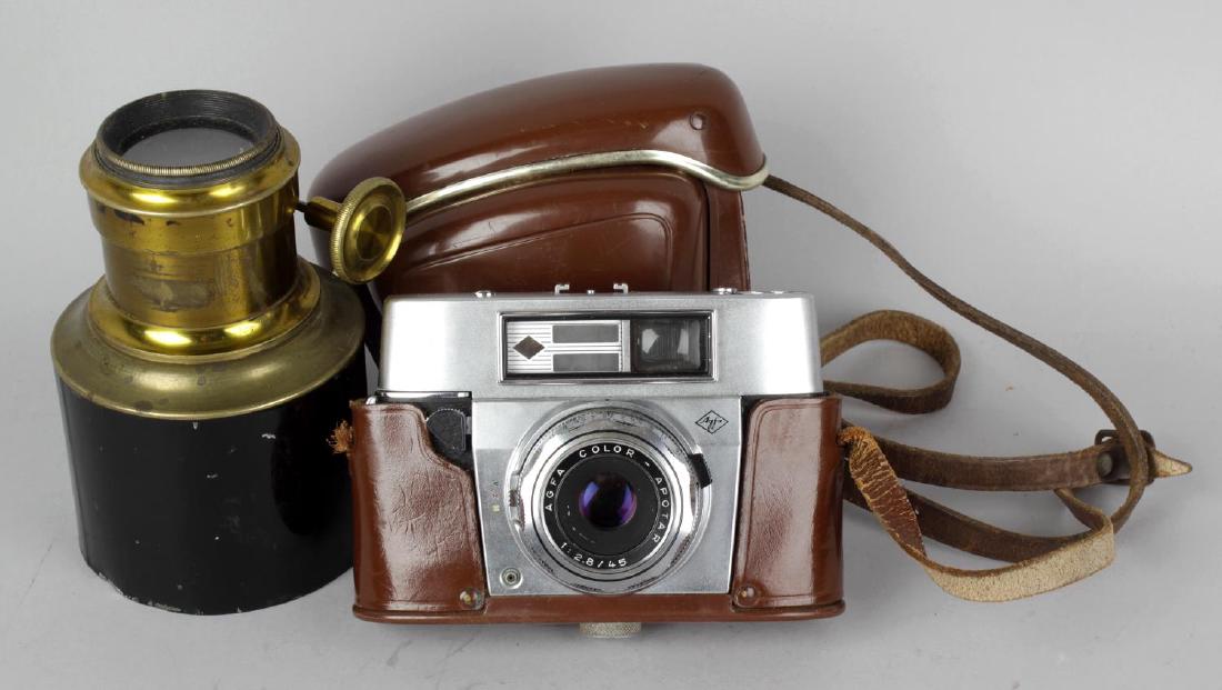 An Eastman Kodak Co No4 cartridge Kodak with burgundy: An Eastman Kodak Co No4 cartridge Kodak with burgundy leather bellows, in leather carry case, a Goerz Compur Tenax camera, with black leather bellows, AGFA camera with AGFA colour - Apotar 1:2.8/45 le