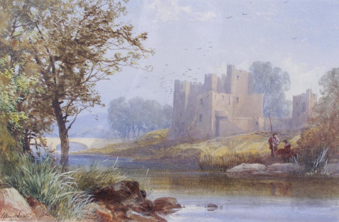 James Burrell Smith (1822-1897), watercolour, river: James Burrell Smith (1822-1897), watercolour, river scene with fishermen and distant castle, signed and dated 1879, inscribed in pencil verso, 8.5 x 13 (21.5cm x 30.5cm).