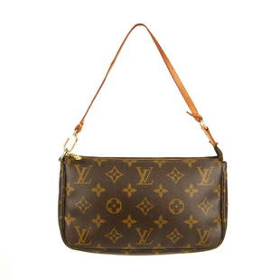 LOUIS VUITTON - a Monogram Pochette Accessoires: LOUIS VUITTON - a Monogram Pochette Accessoires handbag. Crafted from maker's classic monogram coated canvas, with a detachable vachetta leather strap, top zip fastening and a brown textile interior.