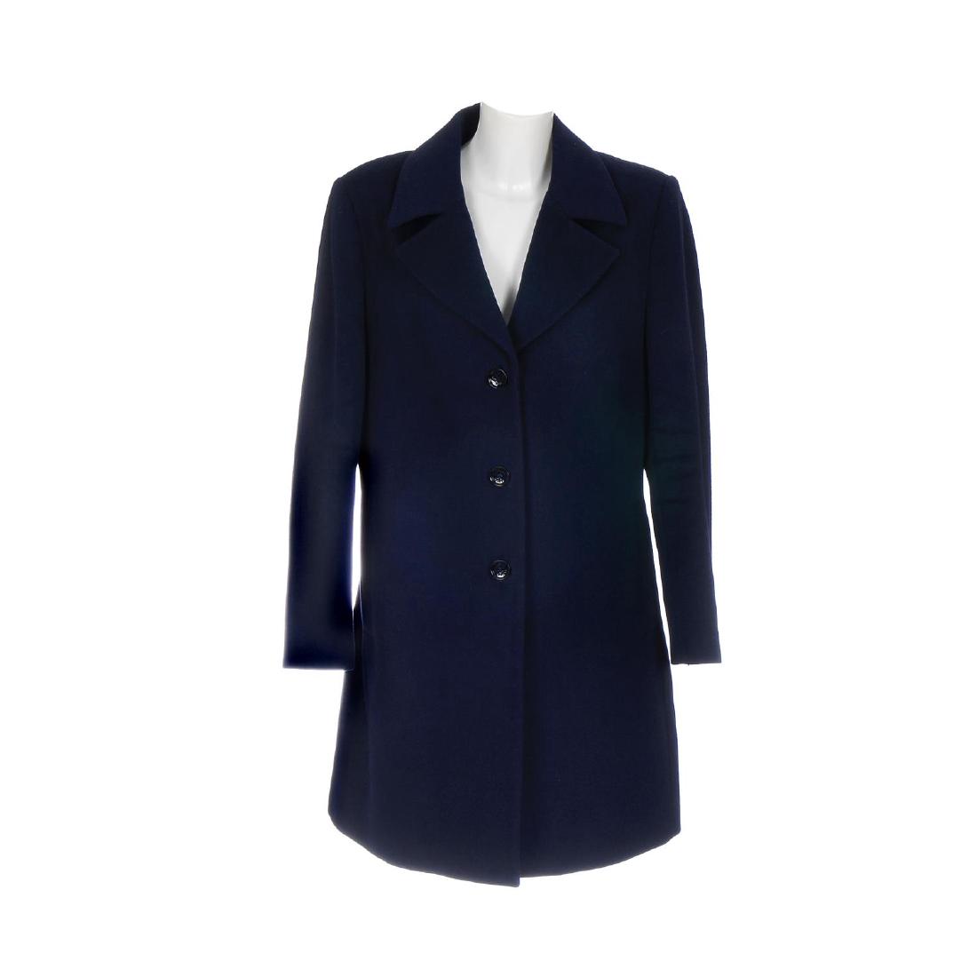 Three designer coats. To include a grey knee-length Max: Three designer coats. To include a grey knee-length Max Mara cashmere wool mix coat with concealed button closure, a navy blue Jaeger coat with two front flap pockets and a Jesiré suede aviator jacke