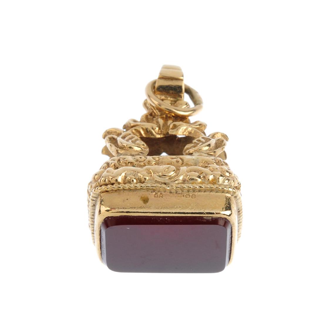 A 1970s 9ct gold carnelian fob. The rectangular (1 of 3)