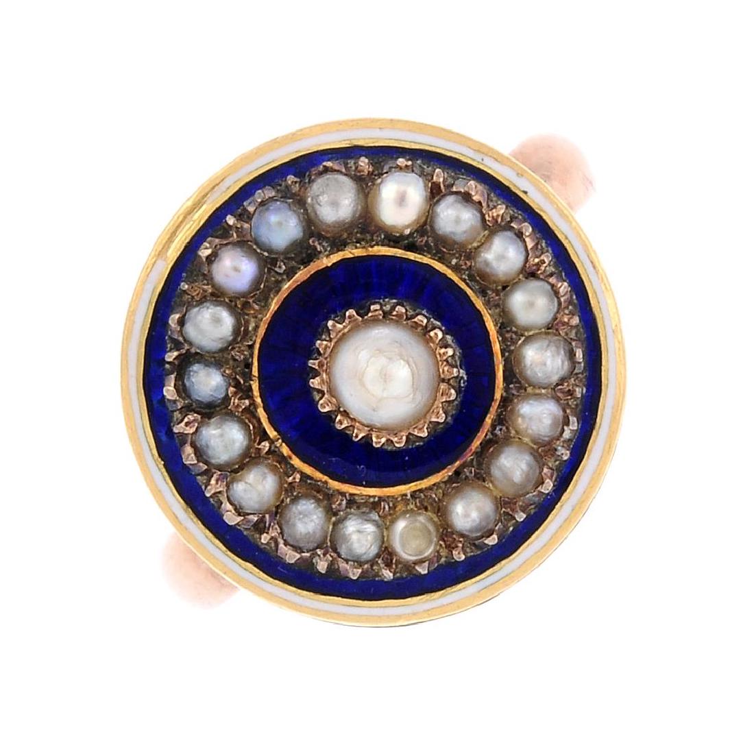 A late Victorian 9ct gold enamel and split pearl ring. (1 of 3)